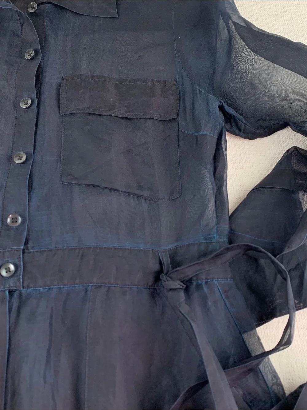 By Anthropologie Sheer silk Utility Jumpsuit long sleeve wide leg in black